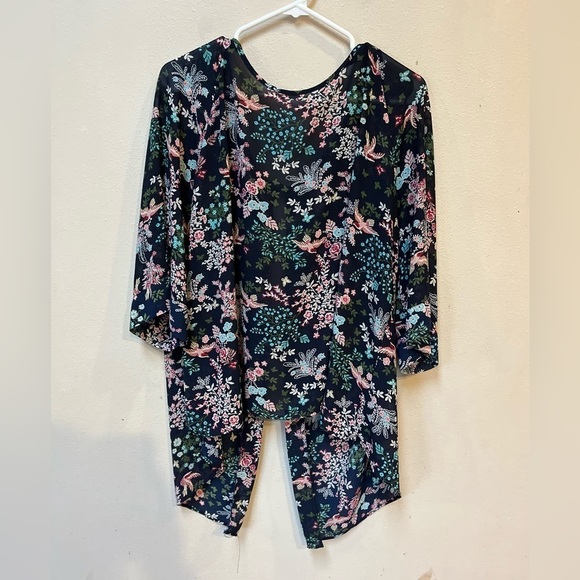 Women’s Navy Blue Pink Floral Colorful Bird Butterfly Sheer Kimono Cardigan OS - Picture 2 of 9